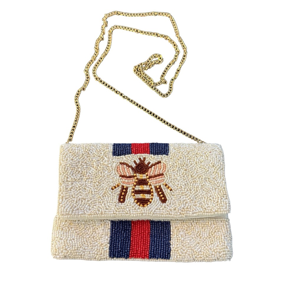 Shirdee Crossbody Bag Women Small White Beaded Bee Stripe Gold Tone Chain Clutch